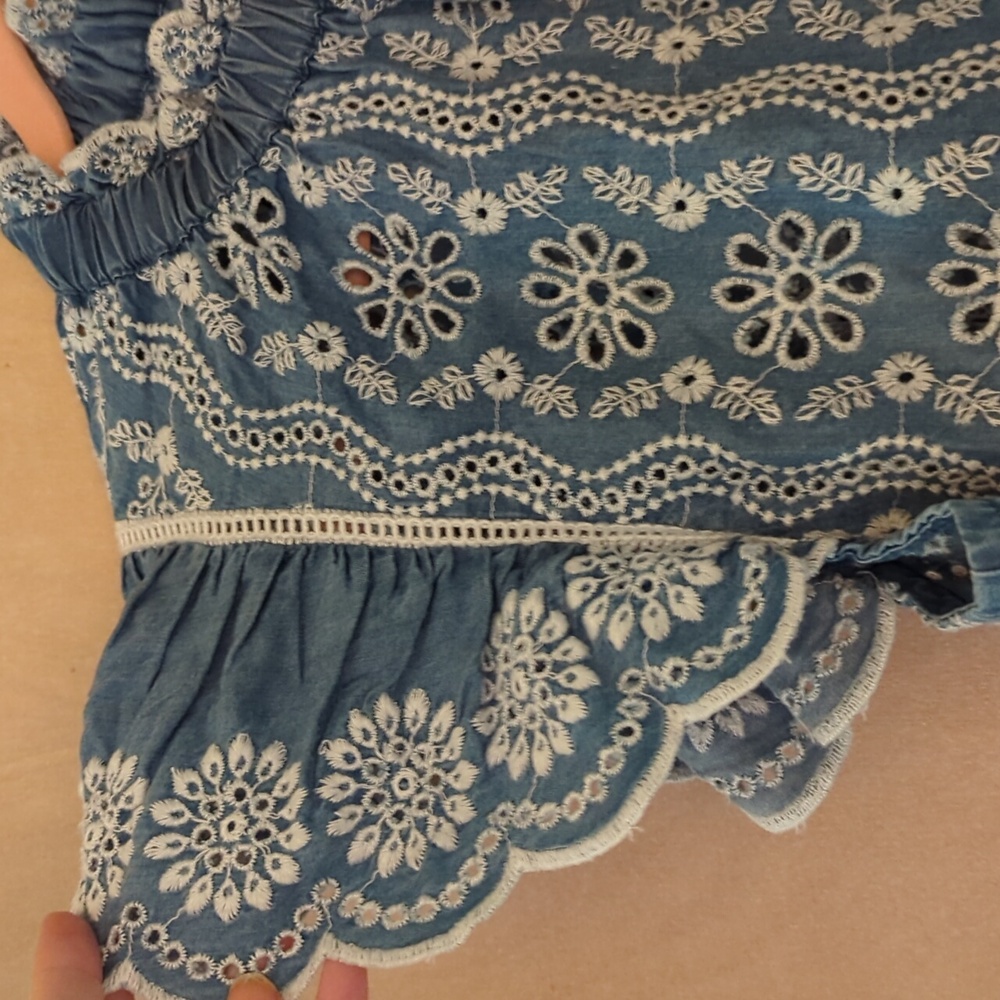 Embroidered Blue Flutter-Sleeve Women's Top - Picture 2 of 6
